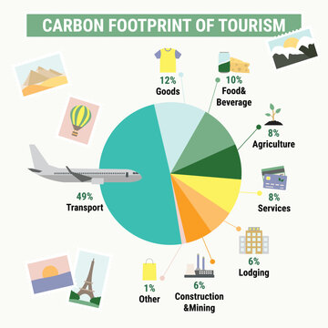 Carbon footprint of tourism sector. Carbon footprint infographic. Greenhouse gas emission by sector. Environmental, ecology concept. True data. Flat vector illustration.
