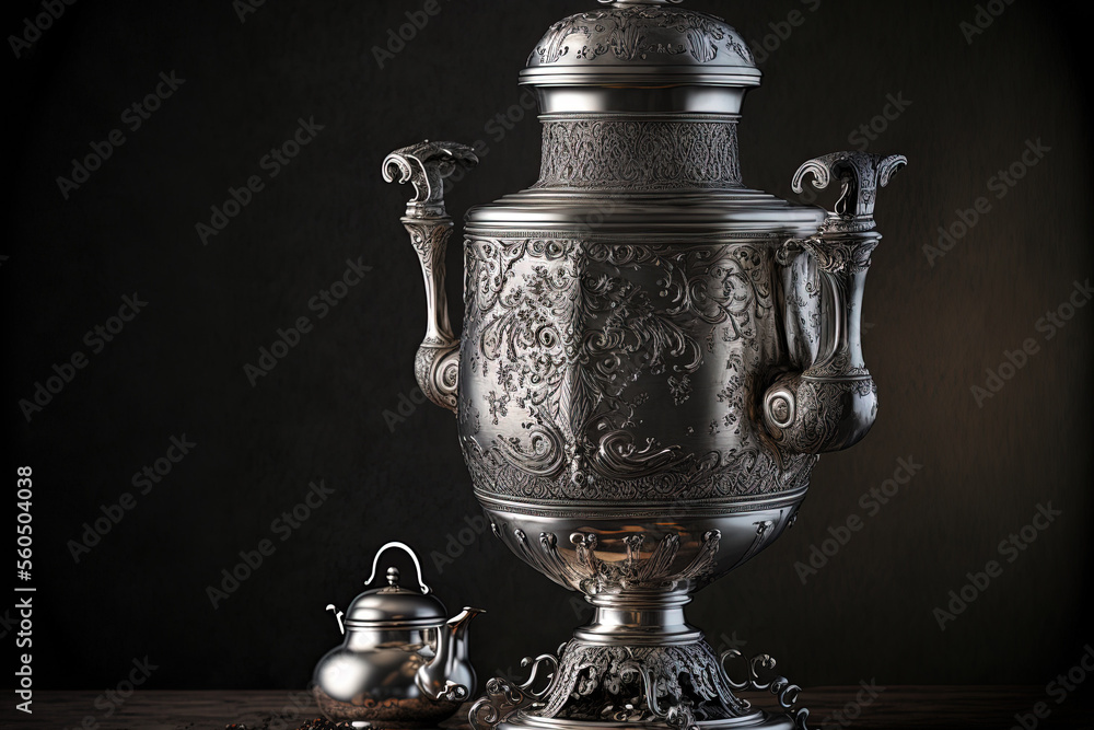 Poster silver plated made tea samovar old gothic style object on a white background with different alternat