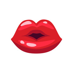 Lips of women with red lipstick in kiss motion illustration. Cartoon drawing open comic female mouth, lip gloss, girl sending kiss. Love, desire, glamour concept