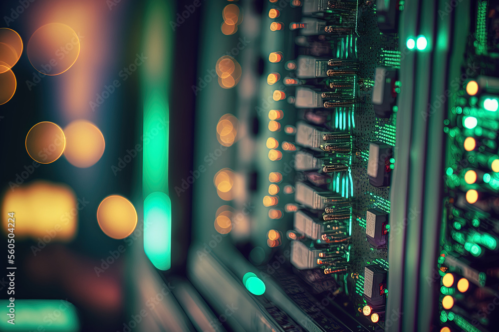 Poster a data center's server rack cluster in close proximity, with a small depth of field as the focus. ge