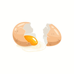 Cartoon chicken egg with broken shell and raw oozing yolk and glair isolated on white background. Brown egg fresh farm product, natural food, poultry farm production