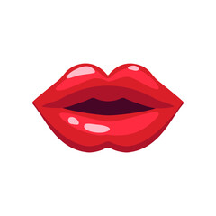 Lips of woman with red lipstick vector illustration. Cartoon drawing of open comic female mouth, lip gloss. Love, desire, glamour concept
