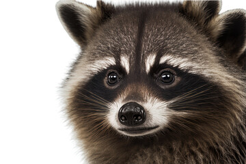 Raccoon portrait, close up and isolated on a white backdrop. Generative AI