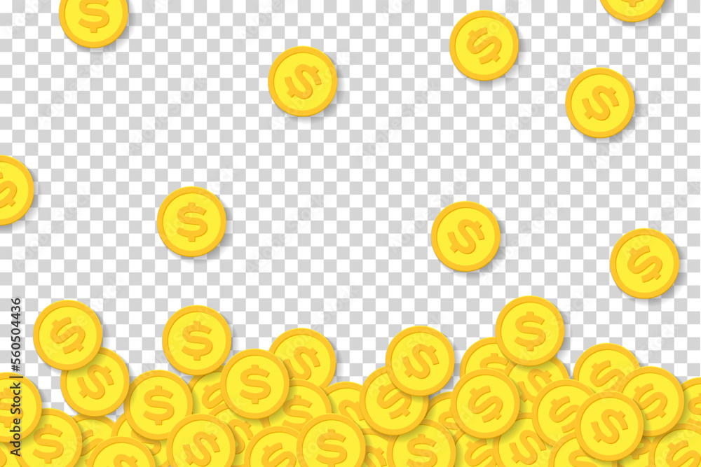 Poster many dollars coins in flat style on transparent background. business objects. make money. vector des