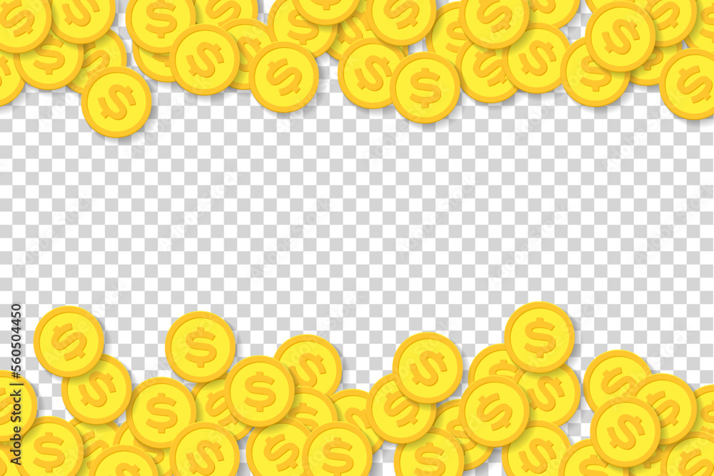 Poster many dollars coins in flat style on transparent background. business objects. make money. vector des