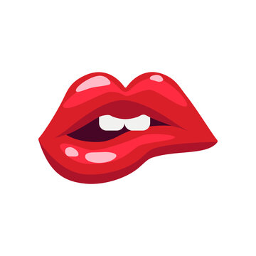 Lips of woman with red lipstick biting lip vector illustration. Cartoon drawing of open comic female mouth, lip gloss, girl biting lip. Love, desire, glamour concept