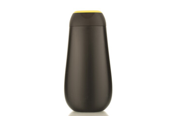 One shampoo in a plastic container, close-up, isolated on a white background.