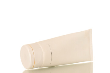 One plastic container for cosmetics, macro, isolated on white background.