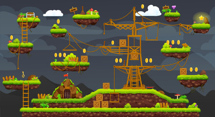 2d arcade game night level map interface. Platform, stairs, coins, bonus and treasure icons. Vector landscape with float islands with grass, ropes and ladders. Video game background, adventure world