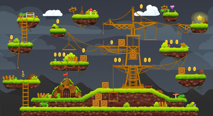 2d arcade game night level map interface. Platform, stairs, coins, bonus and treasure icons. Vector landscape with float islands with grass, ropes and ladders. Video game background, adventure world © Vector Tradition