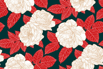 Floral seamless pattern with white and beige roses and red leaves on dark blue green backdrop. Hand drawn contour lines. Wallpaper design for textiles, paper, print, fashion, fabric, card background