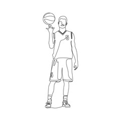 Basketball player spining ball in hand. One line art. Athlete in sport uniform. Vector illustration