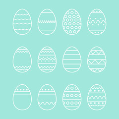 Linear set of white Easter eggs with patterns, ornaments on turquoise background. Perfect for easter pattern, stickers, coloring page, logo, banner. Easter vector illustration. Spring holiday drawing 