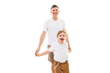 boy playing with her father on studio white background