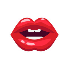 Teeth and lips of woman with red lipstick vector illustration. Cartoon drawing of open comic female mouth, lip gloss. Love, desire, glamour concept