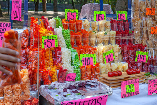 MEXICO CITY, MEXICO. March 24, 2022: Treats stand with batanas, chips, maxican snacks n Chapultepec park, Mexico City, Mexico,