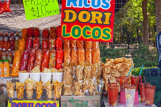 MEXICO CITY, MEXICO. March 24, 2022: Treats stand with batanas, chips, maxican snacks n Chapultepec park, Mexico City, Mexico,