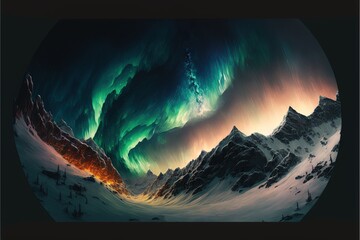  a picture of a mountain with a lot of aurora lights in the sky above it and a mountain range in the background with snow on the ground and below it, and below the picture is a.