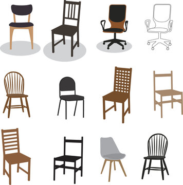 Set of home chairs in different colors and shapes. Upholstered furniture for comfort and decoration. Set of vector chairs of different colors and shapes. Cartoon flat illustration