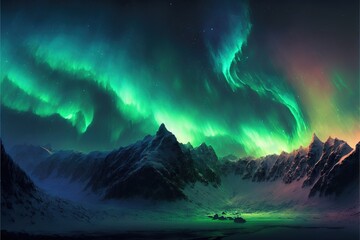  a green and purple aurora bore over a mountain range in the night sky with a boat in the foreground and a boat in the foreground with a mountain range in the background with.