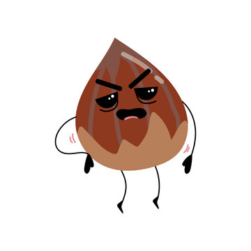 Funny hazelnut with cute face cartoon illustration. Hazelnut, hazelnut standing. Vegan or vegetarian food, seed, love, emotion concept