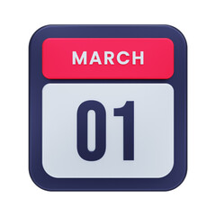 March Realistic Calendar Icon 3D Illustration Date March 01