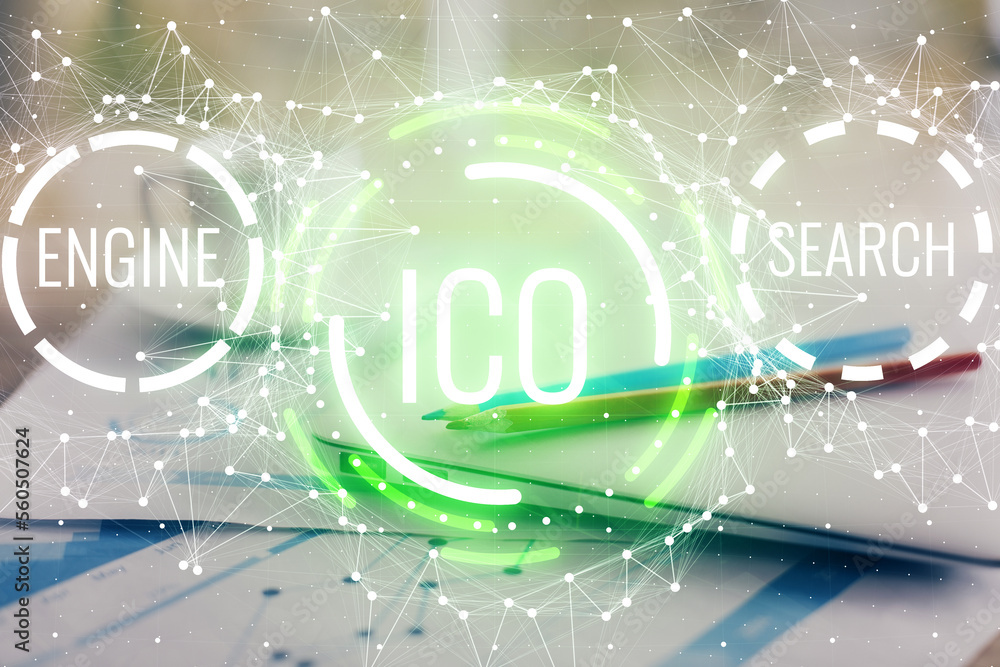 Aufkleber Double exposure of blockchain and crypto economy theme hologram and table with computer background. Concept of bitcoin cryptocurrency.