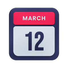 March Realistic Calendar Icon 3D Illustration Date March 12