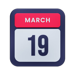 March Realistic Calendar Icon 3D Illustration Date March 19