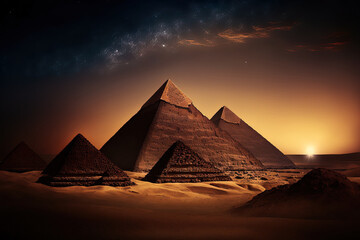 Fototapeta na wymiar Egyptian pyramids at dusk in the Giza desert, Cairo. Generative AI