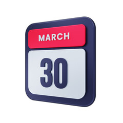 March Realistic Calendar Icon 3D Illustration Date March 30