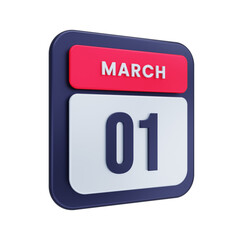 March Realistic Calendar Icon 3D Illustration Date March 01