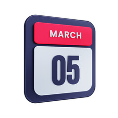 March Realistic Calendar Icon 3D Illustration Date March 05