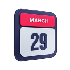 March Realistic Calendar Icon 3D Illustration Date March 29