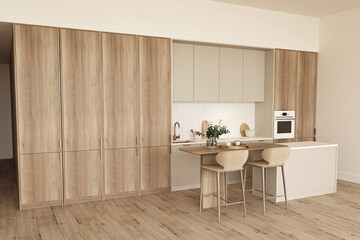 Wooden kitchen room with dining table and bar chairs, parquet floor. Kitchen open space room with wooden light furniture. 3d rendering. High quality 3d illustration