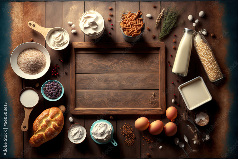 Poster ingredients from bakeries for diy bread baking or frying on a table. background texture of food on w