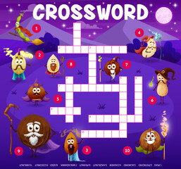 Crossword grid, cartoon nuts mage and wizard characters, vector quiz game for kids. Coconut and walnut sorcerer with almond, cashew and peanut witch magician to guess word on crossword worksheet