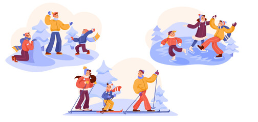 Happy Family in Winter Season Playing Snowballs, Skiing and Ice Skating Outdoor Vector Set