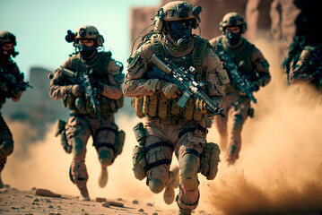 Military Tactical Special Squad Special Forces Unit, Equipped Armed Soldiers, Full Gear, Wartime, Battlefield Epic Scene - obrazy, fototapety, plakaty