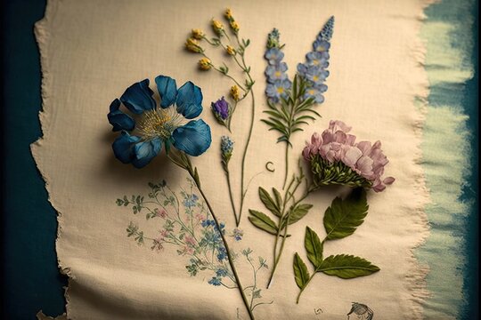  a bunch of flowers are laying on a piece of cloth on a table cloth with a torn piece of paper behind them that has been torn off of paper and is sitting on a blue.