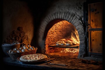  a pizza is cooking in a brick oven with a fire coming from it and bread is on a tray in front of it and a basket of garlic bread is on the side of the.