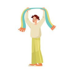 Man Sport Fan Character Holding Scarf Supporting Team Cheering at Stadium Vector Illustration