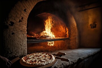  a pizza is being cooked in a brick oven with flames coming out of it and a pizza spatula on the counter next to it, and a person holding a spatula in front of the oven.