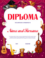 Kids diploma cartoon musical instrument characters. Educational music school vector certificate template with cute grand piano, guitar, saxophone and jembe drum. Double bass, banjo, harp and horn