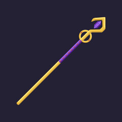 Purple and golden magic wand on dark background illustration. Stick with glowing purple gem or crystal on top for witch or wizard. Magicians staff, fantasy game, weapon concept