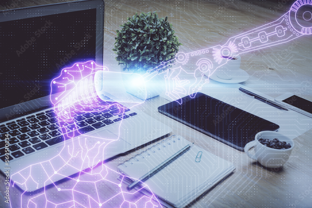 Poster Computer on desktop with AR theme icon. Multi exposure. Concept of augmented reality.