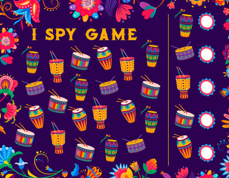 I spy game worksheet with brazilian drums. Kids counting riddle, children object finding puzzle or quiz vector worksheet with conga bonga brazilian musical instruments, drums drumsticks, flowers