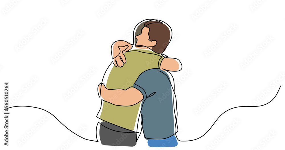 Poster continuous line drawing of men friends hugging each other colored - png image with transparent backg