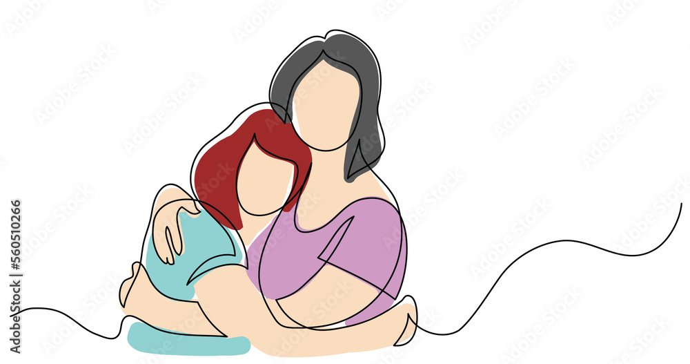 Poster continuous line drawing of mother and daughter hugging each other colored - png image with transpare