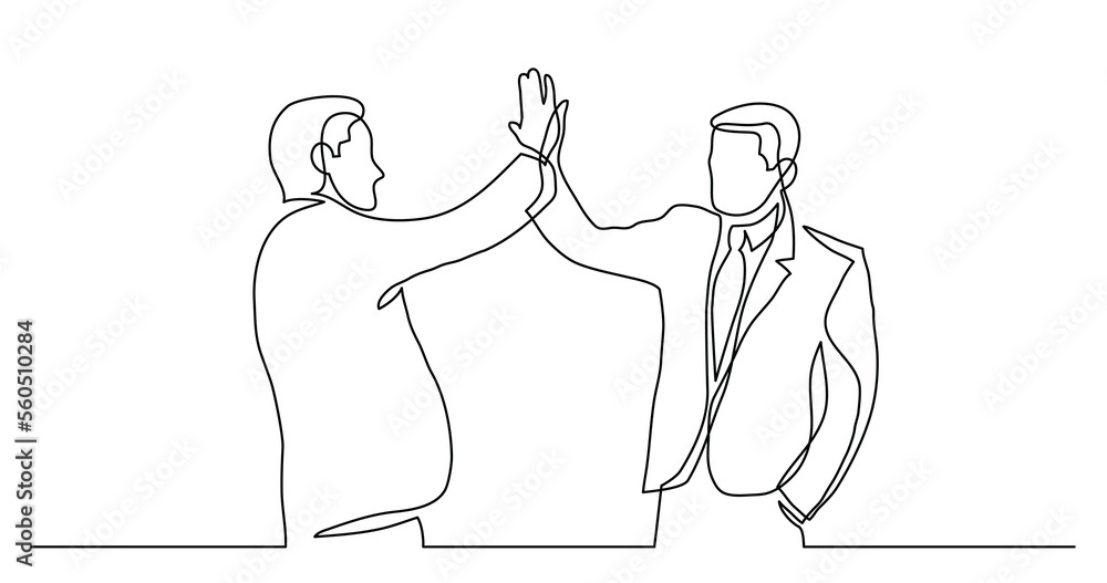 Poster continuous line drawing of two cheerful professionals giving high five - png image with transparent 